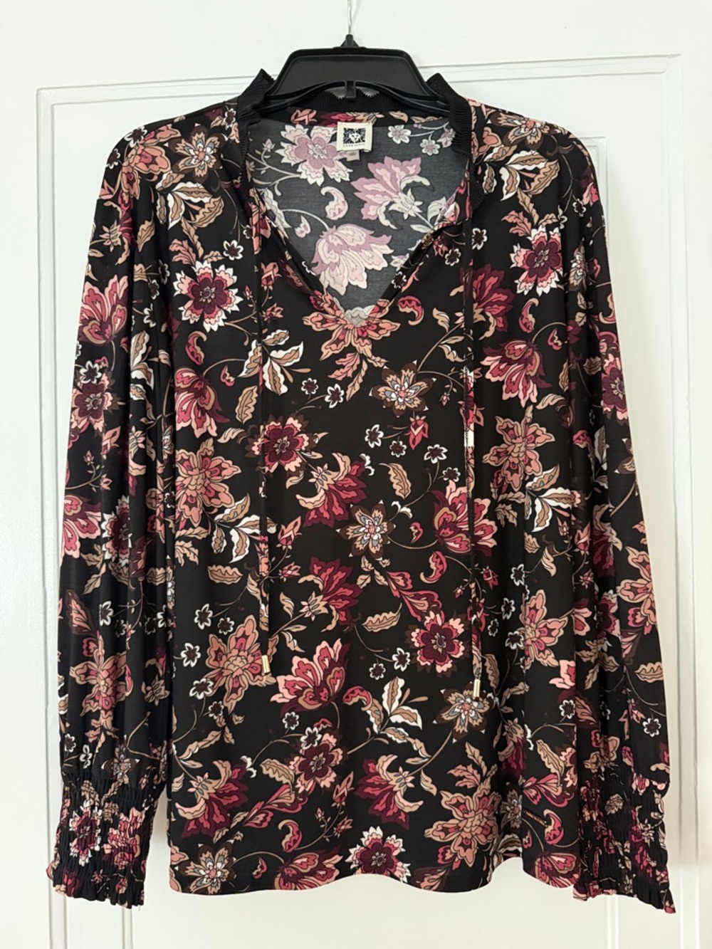 Anne Klein 1X Black Floral Blouse | Long Sleeve V-Neck Work Office Top